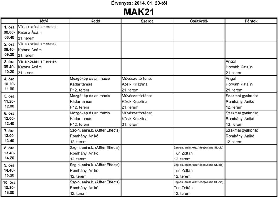 terem 21. terem 12. terem Mozgókép és animáció Művészettörténet Szakmai gyakorlat Kádár tamás Kósik Krisztina Romhányi Anikó P12. terem 21. terem 12. terem Szg-n. anim.k. (Affter Effects) Szakmai gyakorlat Romhányi Anikó Romhányi Anikó 12.