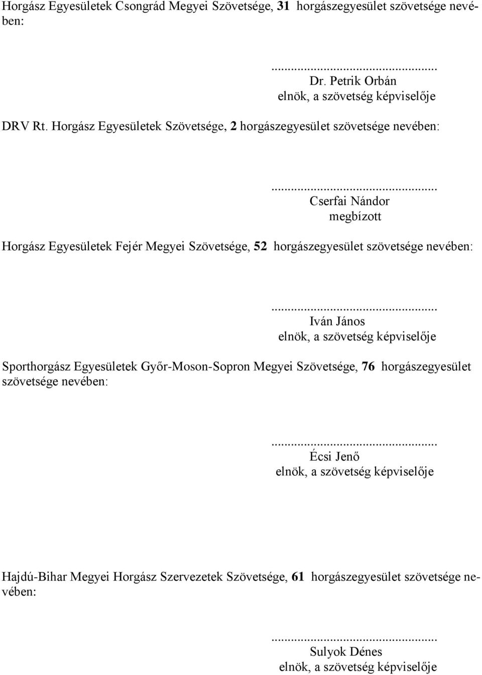 Szövetsége, 52 horgászegyesület szövetsége nevében: Iván János Sporthorgász Egyesületek Győr-Moson-Sopron Megyei Szövetsége, 76