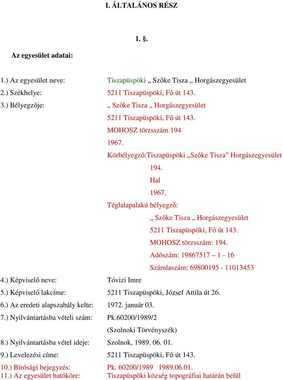 Téglalapalakú bélyegzı: Szıke Tisza Horgászegyesület 5211 Tiszapüspöki, Fı út 143. MOHOSZ törzsszám: 194. Adószám: 19867517 1-16 Számlaszám: 69800195-11013453 5.