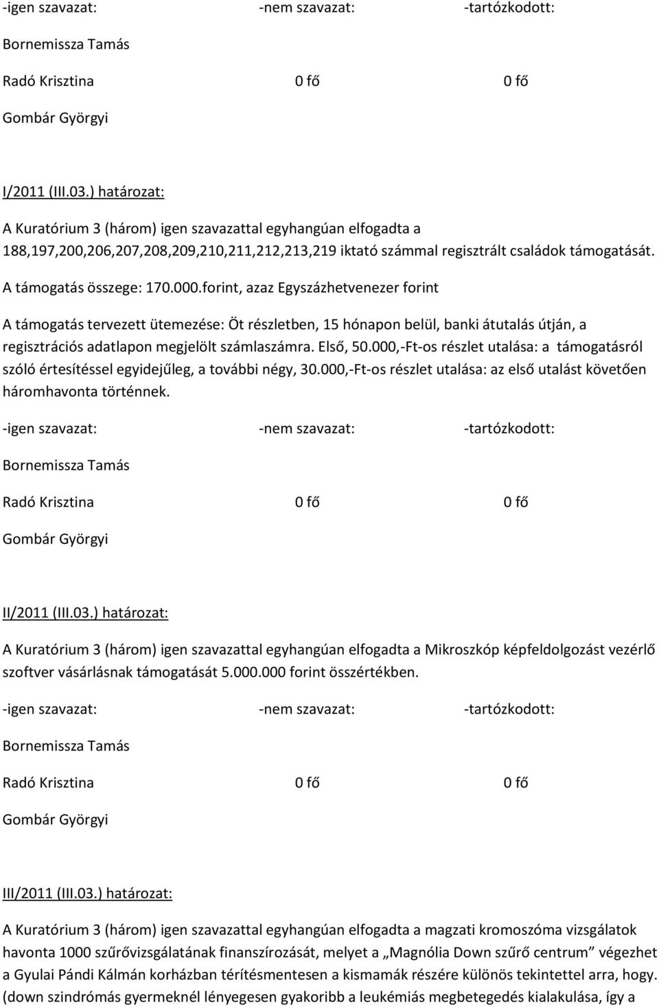 ) határozat: magzati kromoszóma vizsgálatok havonta 1000 szűrővizsgálatának finanszírozását, melyet a Magnólia Down szűrő centrum végezhet a Gyulai