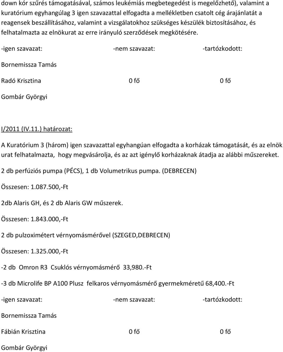 (IV.11.) határozat: korházak támogatását, és az elnök urat felhatalmazta, hogy megvásárolja, és az azt igénylő korházaknak átadja az alábbi műszereket.