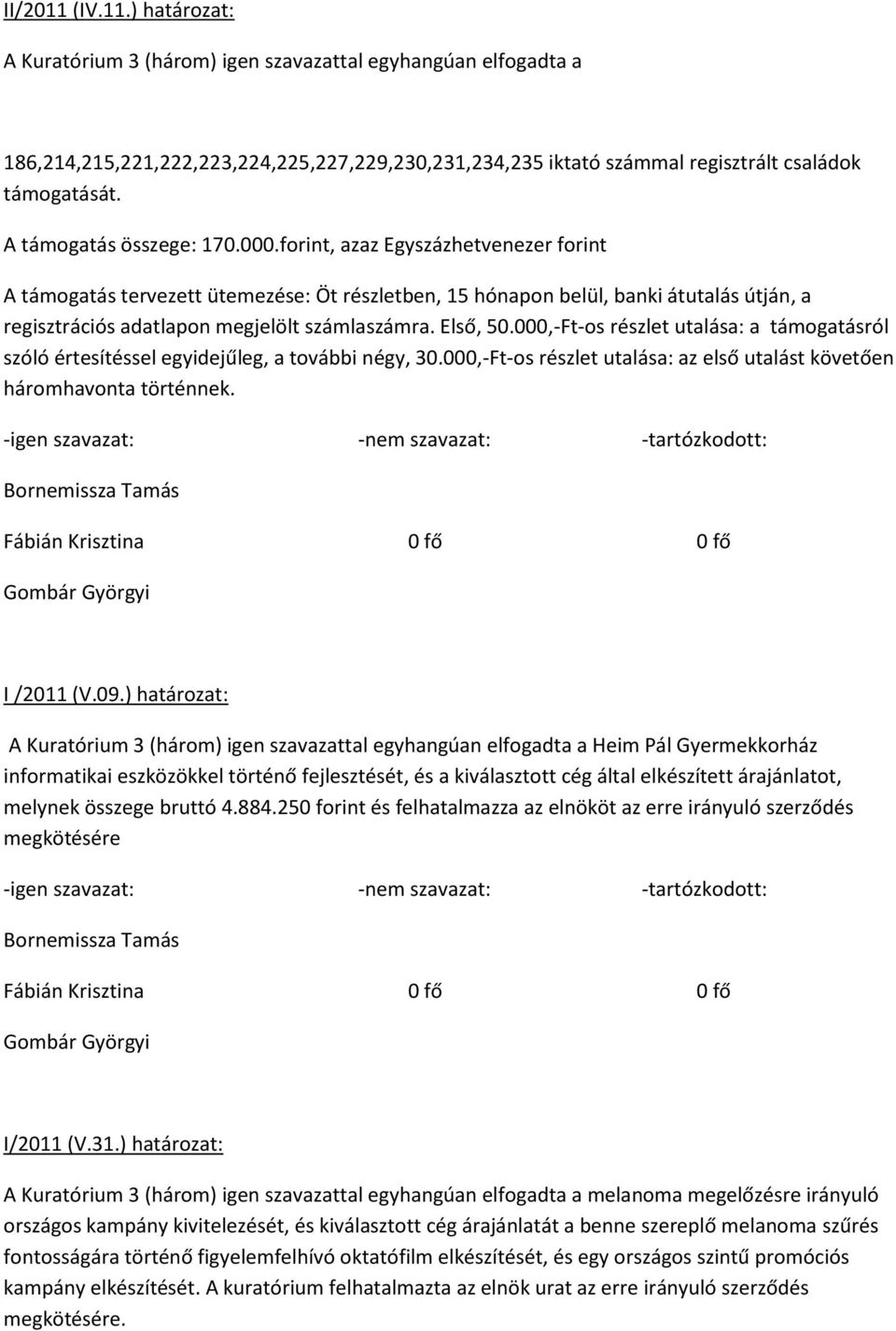 250 forint és felhatalmazza az elnököt az erre irányuló szerződés megkötésére I/2011 (V.31.