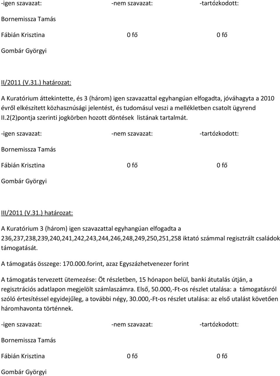 2010 évről elkészített közhasznúsági jelentést, és tudomásul veszi a mellékletben csatolt ügyrend II.