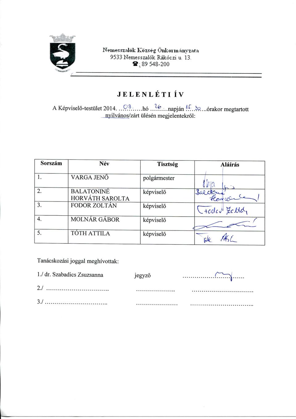 VARGA JENO BALATONINE HORVATH SAROLTA FODOR ZOLTAN MOLNAR GABOR TOTH ATTILA polgarmester kepviselo kepviselo kepviselo kepviselo f