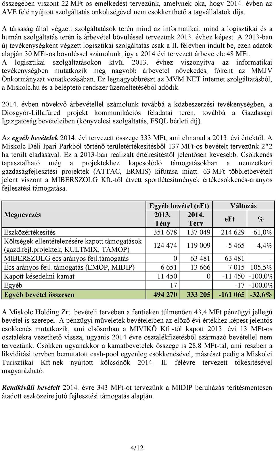 A 2013-ban új tevékenységként végzett logisztikai szolgáltatás csak a II. félévben indult be, ezen adatok alapján 30 MFt-os bővüléssel számolunk, így a 2014 évi tervezett árbevétele 48 MFt.