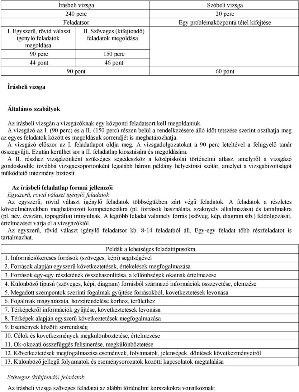 (90 perc) és a II. (150 perc) részen belül a rendelkezésére álló időt tetszése szerint oszthatja meg az egyes feladatok között és megoldásuk sorrendjét is meghatározhatja. A vizsgázó először az I.