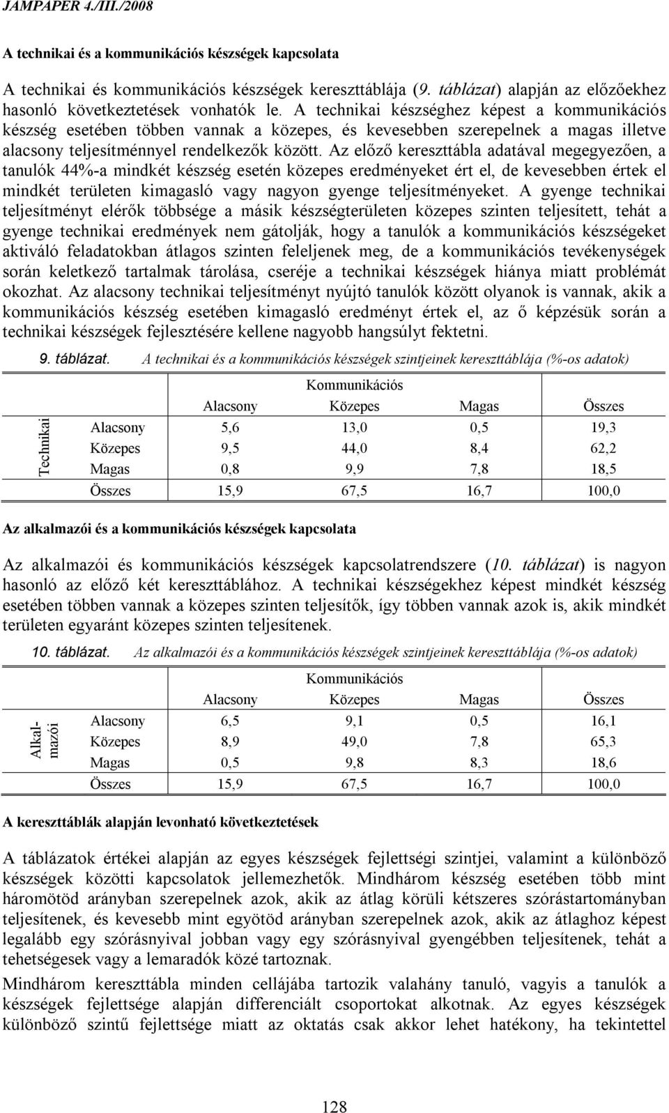 Az előző kereszttábla adatával megegyezően, a tanulók 44%-a mindkét készség esetén közepes eredményeket ért el, de kevesebben értek el mindkét területen kimagasló vagy nagyon gyenge teljesítményeket.
