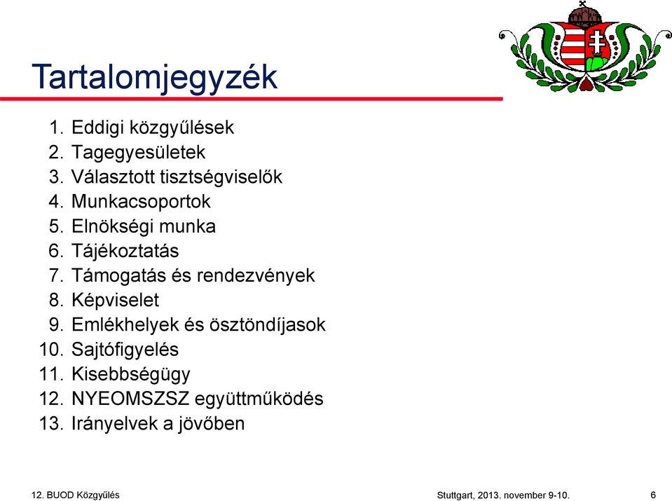 Képviselet 9. Emlékhelyek és ösztöndíjasok 10. Sajtófigyelés 11. Kisebbségügy 12.