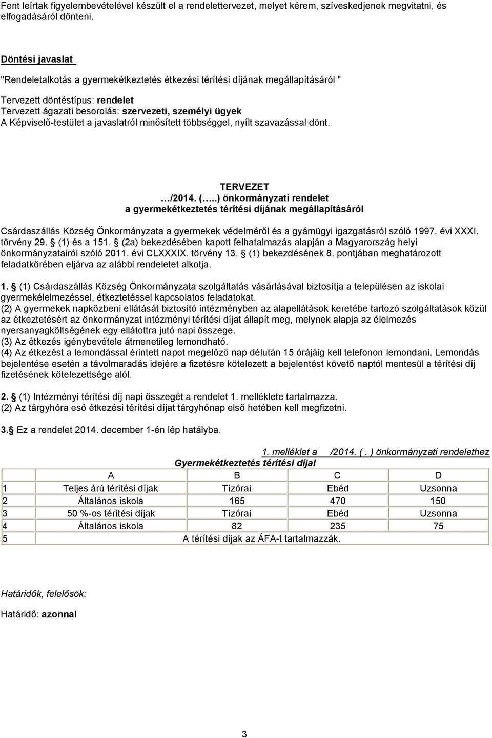 Képviselő-testület a javaslatról minősített többséggel, nyílt szavazással dönt. TERVEZET /2014. (.