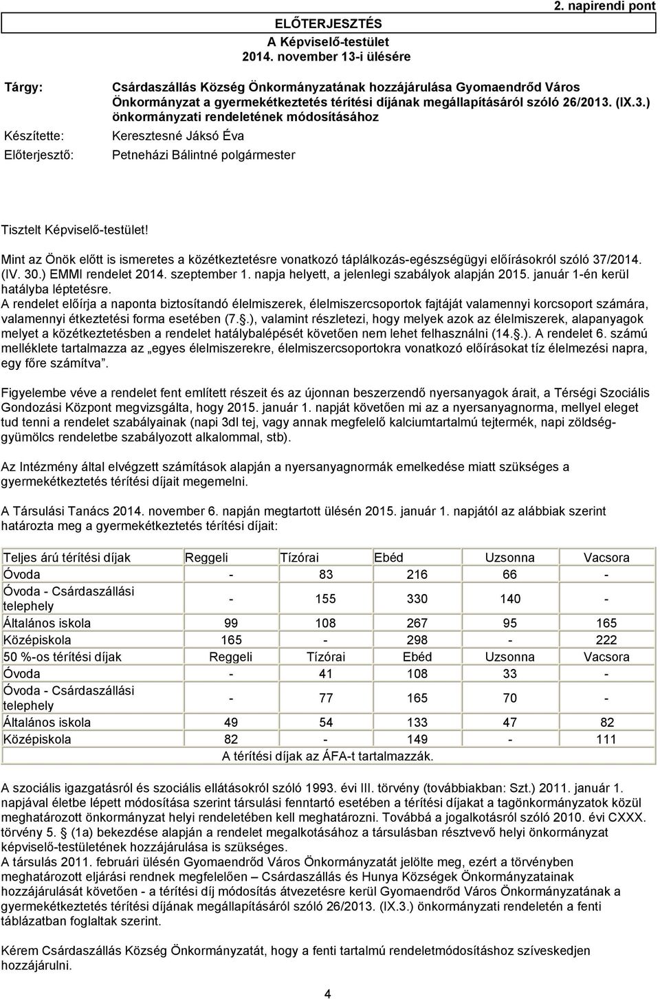 (IX.3.) önkormányzati rendeletének módosításához Készítette: Keresztesné Jáksó Éva Előterjesztő: Petneházi Bálintné polgármester Tisztelt Képviselő-testület!