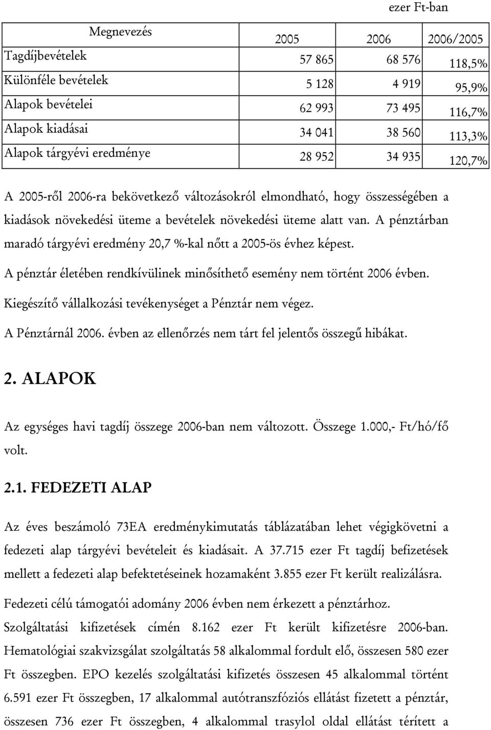 A pénztárban maradó tárgyévi eredmény 20,7 %-kal nőtt a 2005-ös évhez képest. A pénztár életében rendkívülinek minősíthető esemény nem történt 2006 évben.