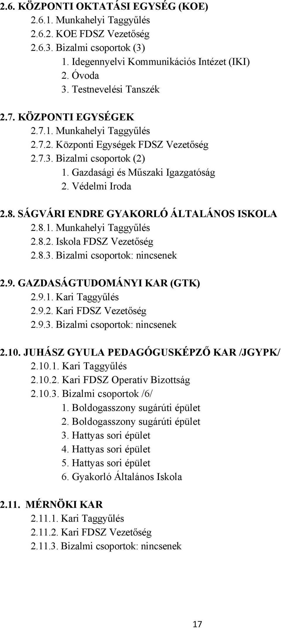 SÁGVÁRI ENDRE GYAKORLÓ ÁLTALÁNOS ISKOLA 2.8.1. Munkahelyi Taggyűlés 2.8.2. Iskola FDSZ Vezetőség 2.8.3. Bizalmi csoportok: nincsenek 2.9. GAZDASÁGTUDOMÁNYI KAR (GTK) 2.9.1. Kari Taggyűlés 2.9.2. Kari FDSZ Vezetőség 2.