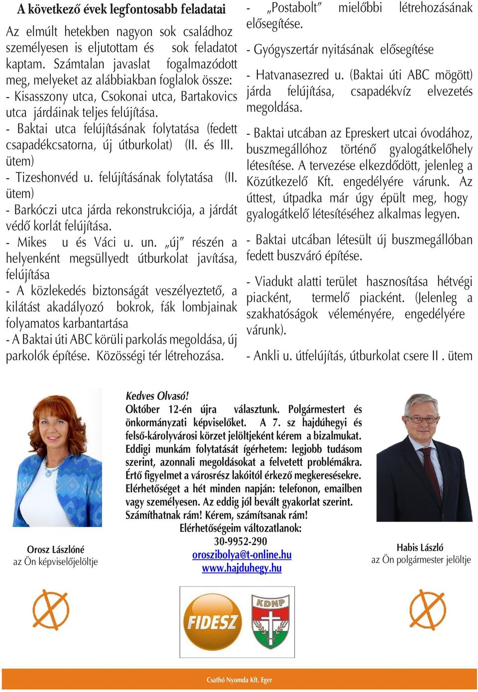 - Baktai utca felújításának folytatása (fedett csapadékcsatorna, új útburkolat) (II. és III. ütem) - Tizeshonvéd u. felújításának folytatása (II.
