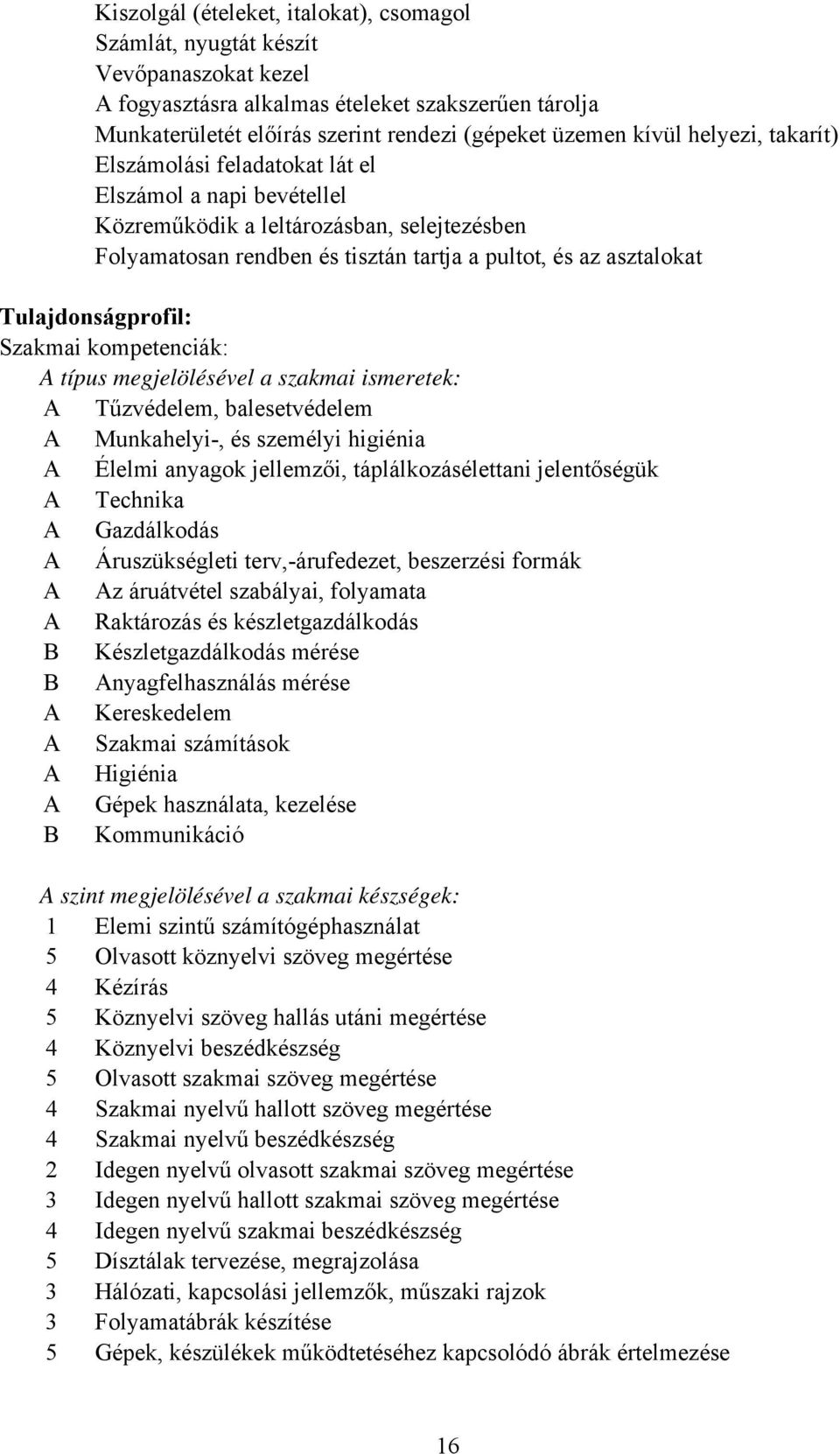 Tulajdonságprofil: Szakmai kompetenciák: A típus megjelölésével a szakmai ismeretek: A Tűzvédelem, balesetvédelem A Munkahelyi-, és személyi higiénia A Élelmi anyagok jellemzői, táplálkozásélettani