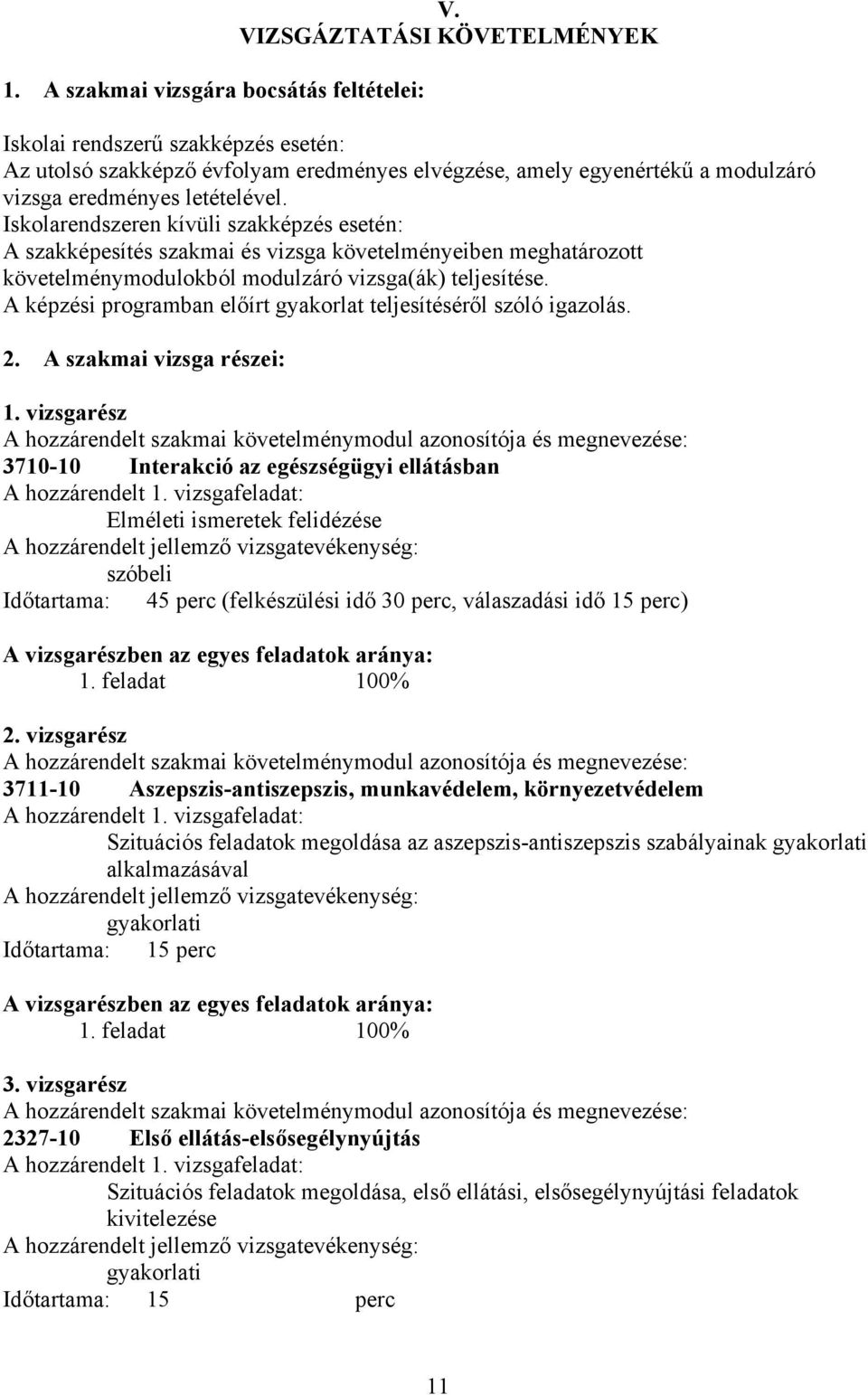 Iskolarendszeren kívüli szakképzés esetén: A szakképesítés szakmai és vizsga követelményeiben meghatározott követelménymodulokból modulzáró vizsga(ák) teljesítése.