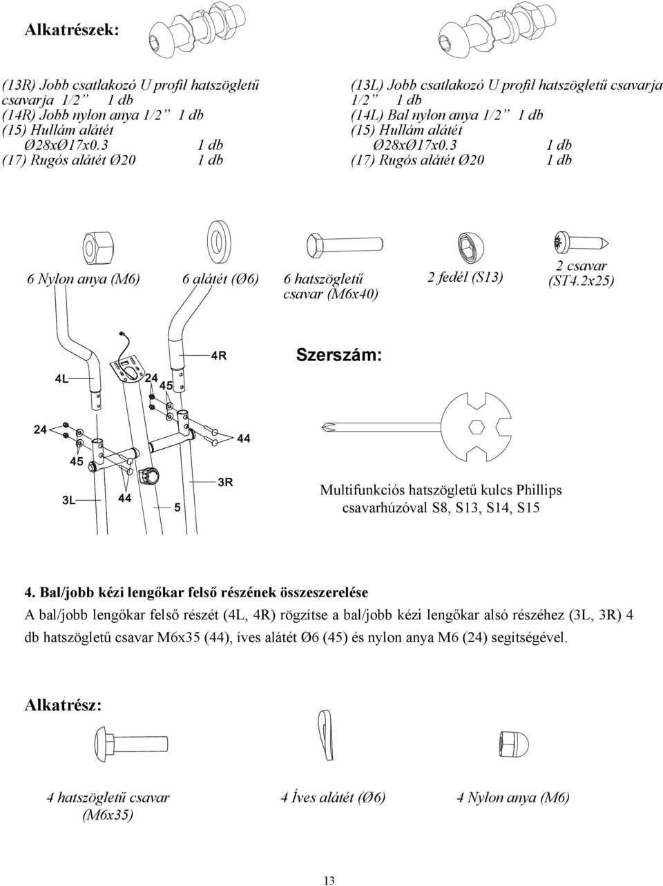 3 1 db (17) Rugós alátét Ø20 1 db 6 Nylon anya (M6) 6 alátét (Ø6) 6 hatszögletű csavar (M6x40) 2 fedél (S13) 2 csavar (ST4.
