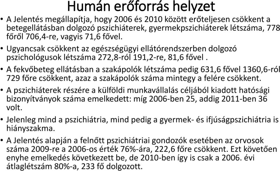 A fekvőbeteg ellátásban a szakápolók létszáma pedig 631,6 fővel 1360,6-ról 729 főre csökkent, azaz a szakápolók száma mintegy a felére csökkent.