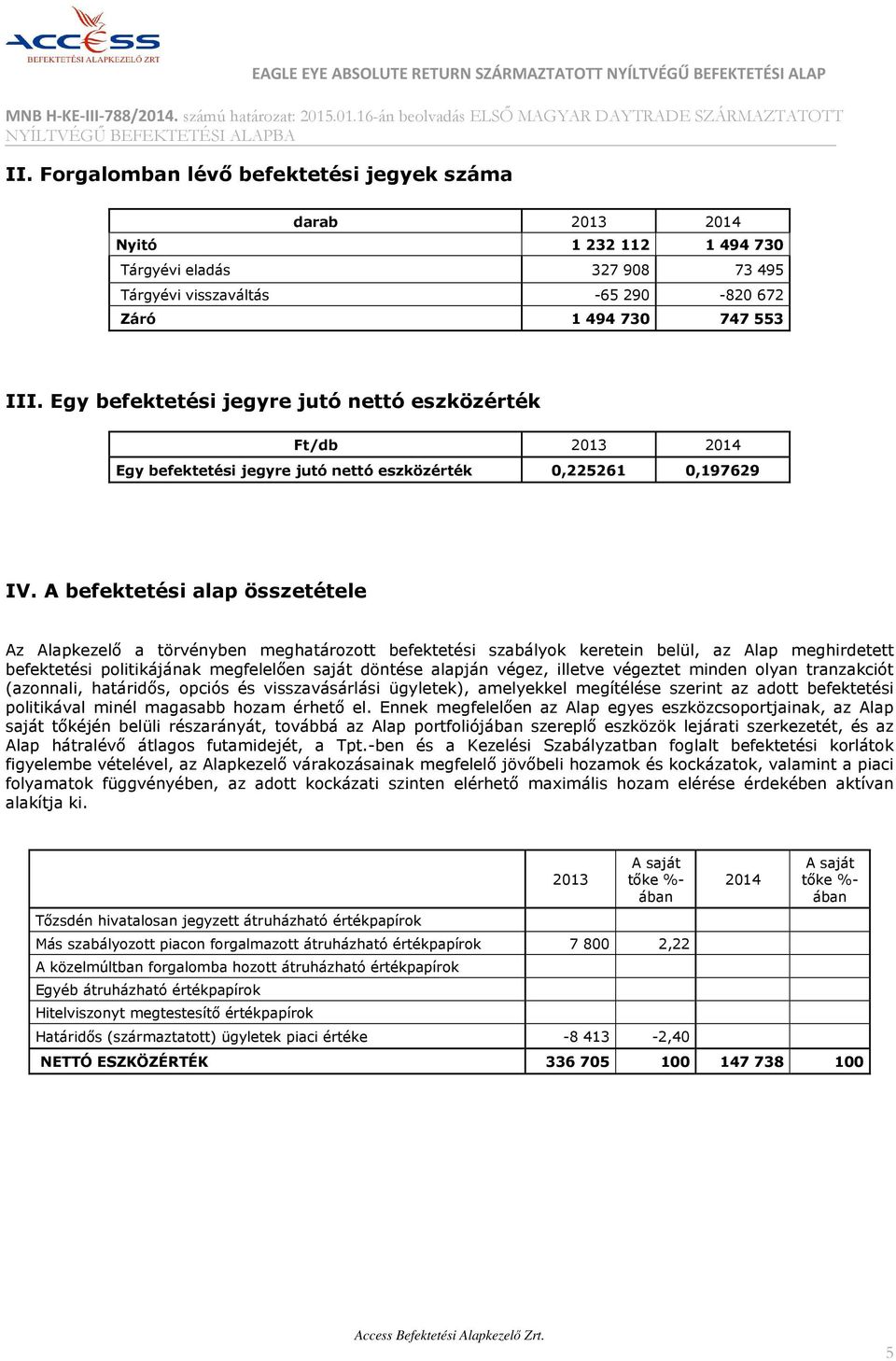 Egy befektetési jegyre jutó nettó eszközérték Ft/db 2013 2014 Egy befektetési jegyre jutó nettó eszközérték 0,225261 0,197629 IV.