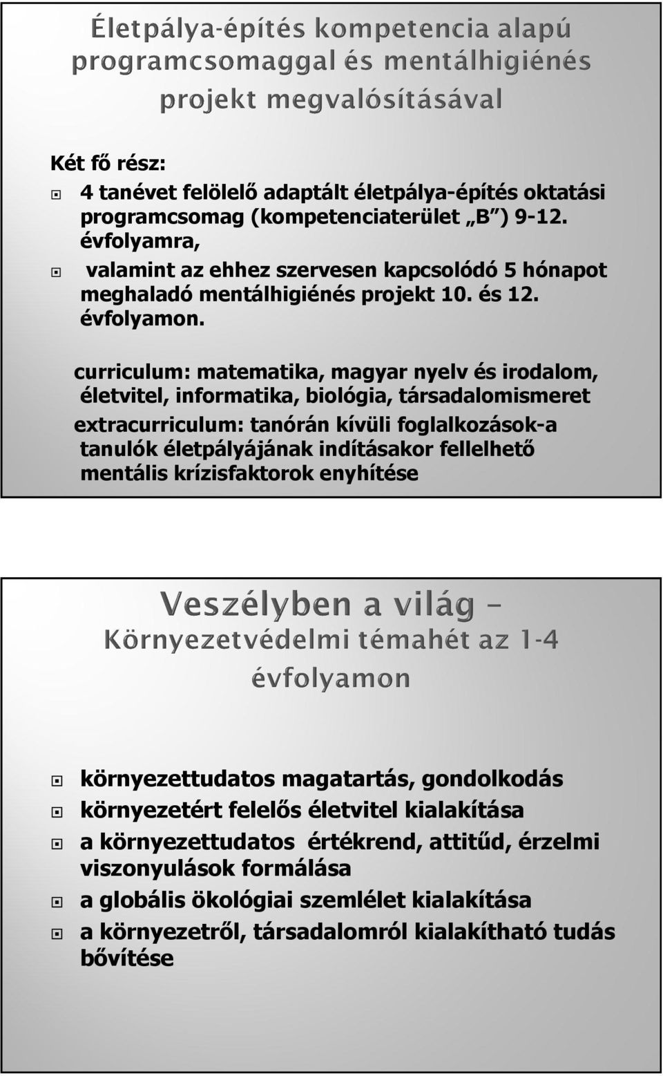 curriculum: matematika, magyar nyelv és irodalom, életvitel, informatika, biológia, társadalomismeret extracurriculum: tanórán kívüli foglalkozások-a tanulók életpályájának