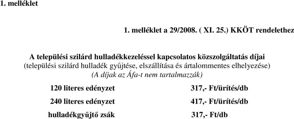 díjai (települési szilárd hulladék győjtése, elszállítása és ártalommentes elhelyezése) (A