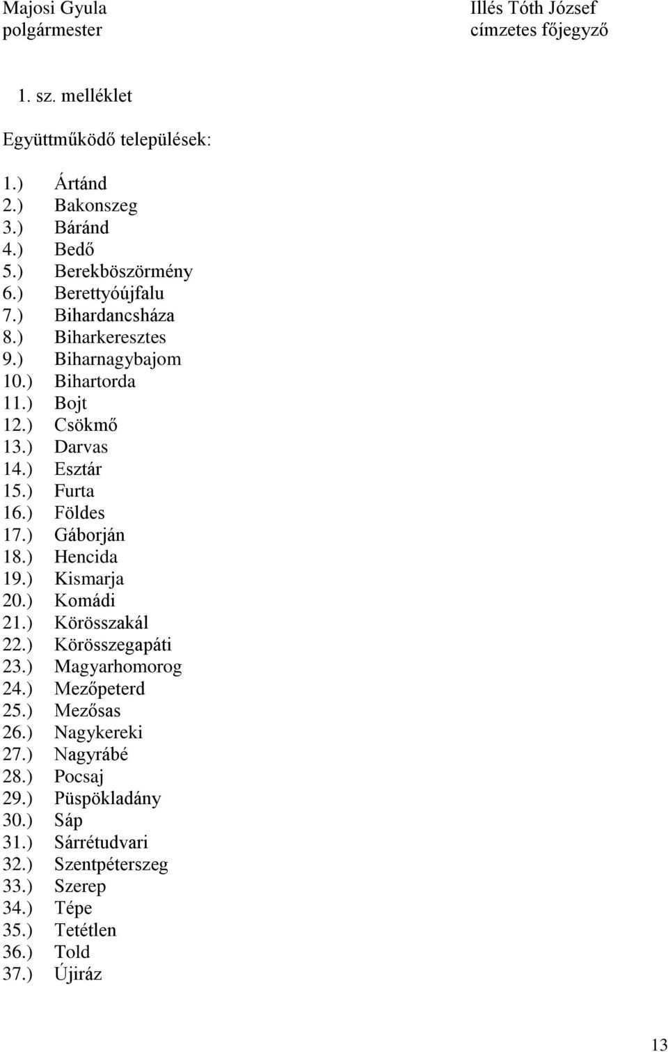 ) Furta 16.) Földes 17.) Gáborján 18.) Hencida 19.) Kismarja 20.) Komádi 21.) Körösszakál 22.) Körösszegapáti 23.) Magyarhomorog 24.) Mezőpeterd 25.