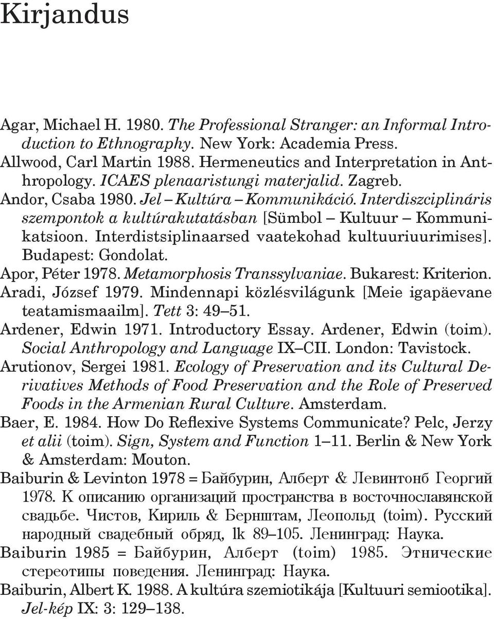 Interdistsiplinaarsed vaatekohad kultuuriuurimises]. Budapest: Gondolat. Apor, Péter 1978. Metamorphosis Transsylvaniae. Bukarest: Kriterion. Aradi, József 1979.