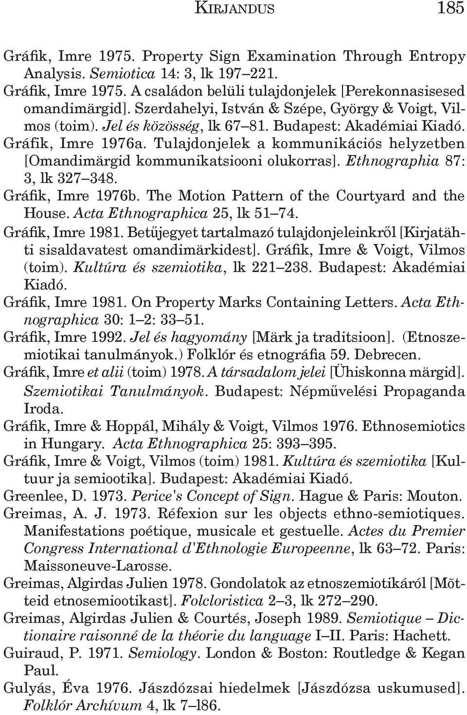 Tulajdonjelek a kommunikációs helyzetben [Omandimärgid kommunikatsiooni olukorras]. Ethnographia 87: 3, lk 327 348. Gráfik, Imre 1976b. The Motion Pattern of the Courtyard and the House.