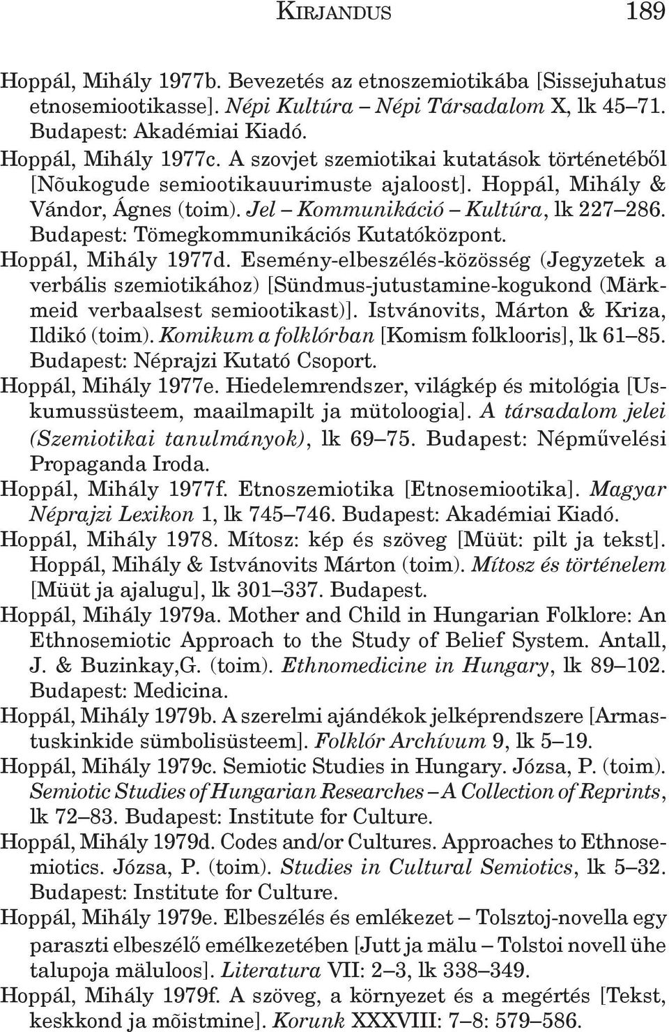 Budapest: Tömegkommunikációs Kutatóközpont. Hoppál, Mihály 1977d. Esemény-elbeszélés-közösség (Jegyzetek a verbális szemiotikához) [Sündmus-jutustamine-kogukond (Märkmeid verbaalsest semiootikast)].