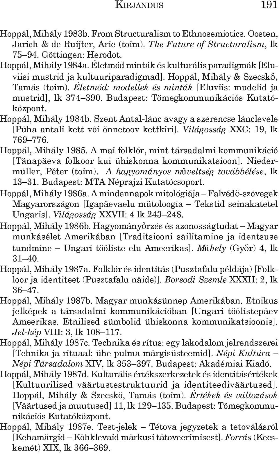 Budapest: Tömegkommunikációs Kutatóközpont. Hoppál, Mihály 1984b. Szent Antal-lánc avagy a szerencse lánclevele [Püha antali kett või õnnetoov kettkiri]. Világosság XXC: 19, lk 769 776.