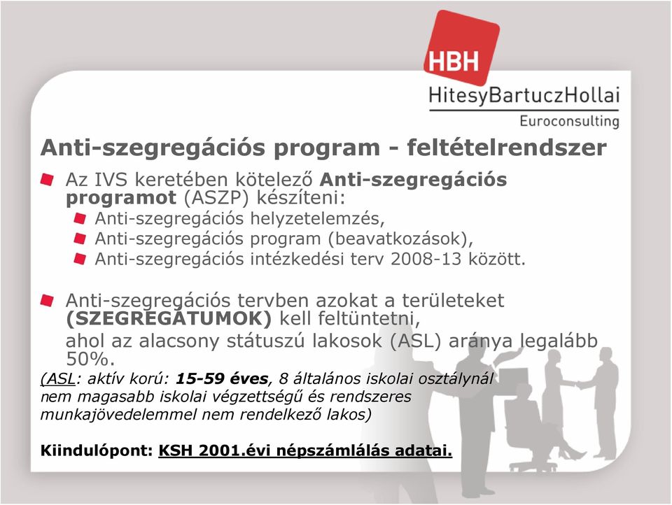 Anti-szegregációs tervben azokat a területeket (SZEGREGÁTUMOK) kell feltüntetni, ahol az alacsony státuszú lakosok (ASL) aránya legalább 50%.