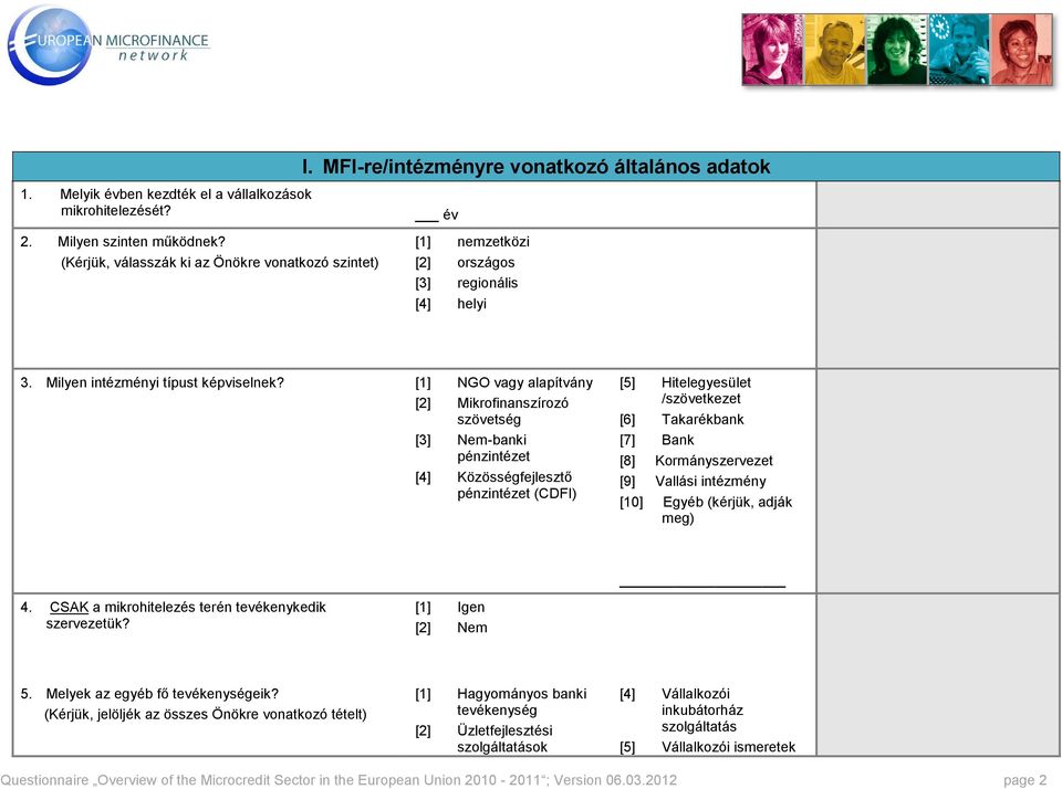 [1] NGO vagy alapítvány [2] Mikrofinanszírozó szövetség [3] Nem-banki pénzintézet [4] Közösségfejlesztı pénzintézet (CDFI) [5] Hitelegyesület /szövetkezet [6] Takarékbank [7] Bank [8]