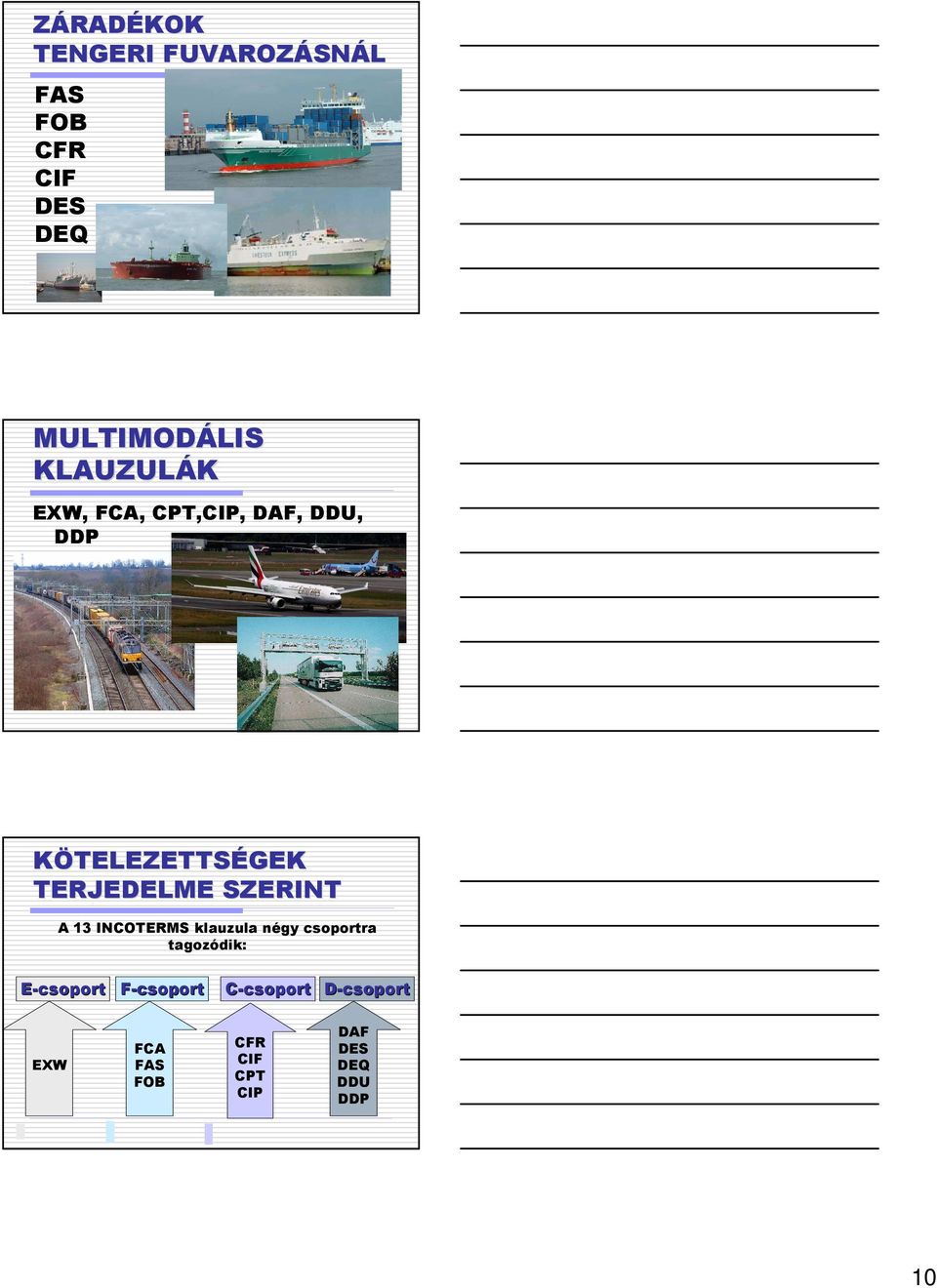 SZERINT A 13 INCOTERMS klauzula négy csoportra tagozódik: E-csoport