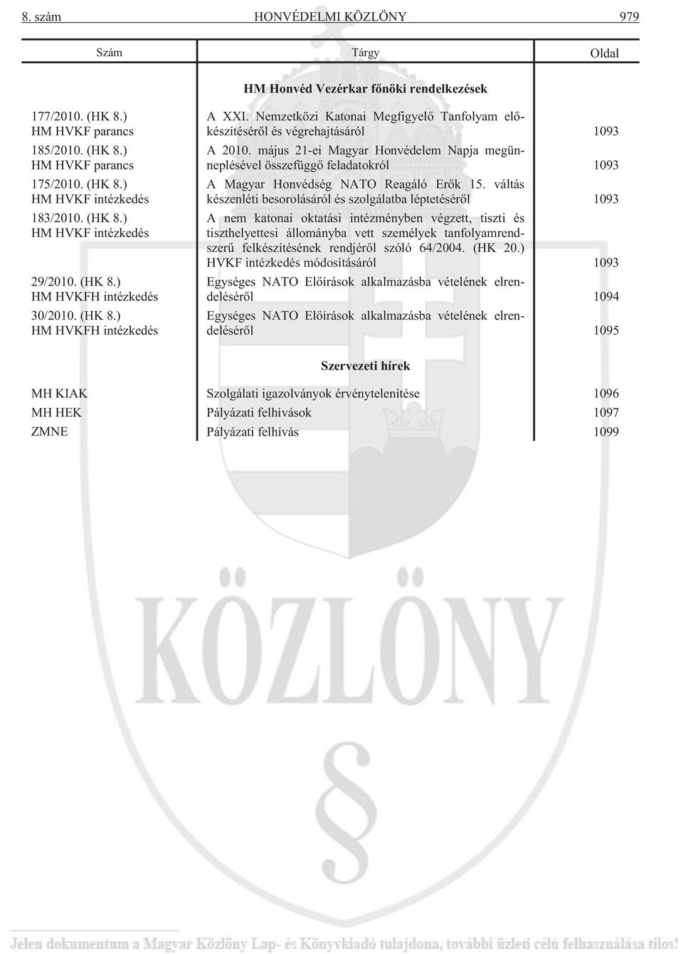 május 21-ei Magyar Honvédelem Napja megünneplésével összefüggõ feladatokról 1093 A Magyar Honvédség NATO Reagáló Erõk 15.