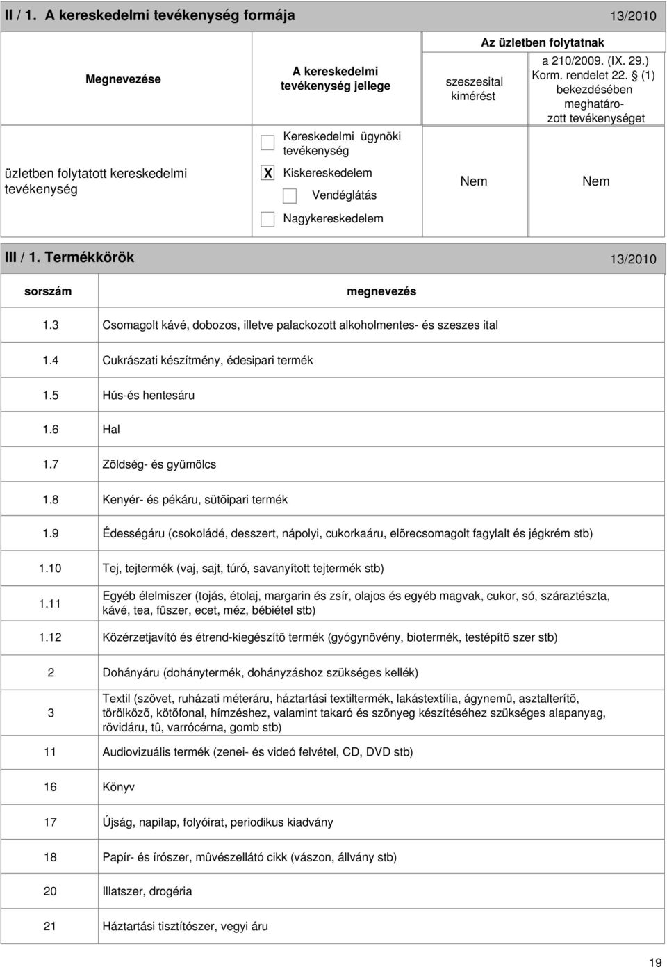 3 Csomagolt kávé, dobozos, illetve palackozott alkoholmentes- és szeszes ital 1.4 Cukrászati készítmény, édesipari termék 1.5 Hús-és hentesáru 1.6 Hal 1.7 Zöldség- és gyümölcs 1.