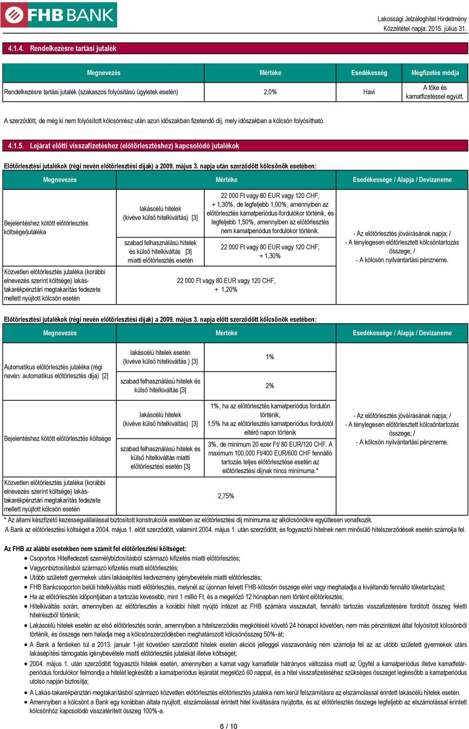 Lejárat előtti visszafizetéshez (előtörlesztéshez) kapcsolódó jutalékok Előtörlesztési jutalékok (régi nevén előtörlesztési díjak) a 2009. május 3.