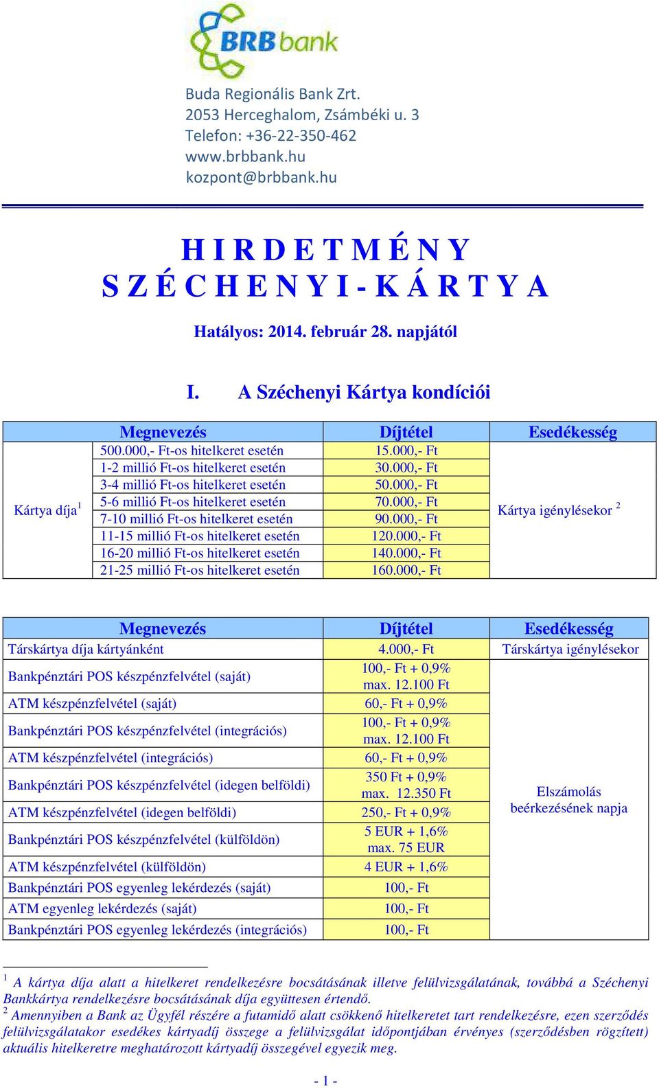 000,- Ft 3-4 millió Ft-os hitelkeret esetén 50.000,- Ft 5-6 millió Ft-os hitelkeret esetén 70.000,- Ft 7-10 millió Ft-os hitelkeret esetén 90.000,- Ft 11-15 millió Ft-os hitelkeret esetén 120.