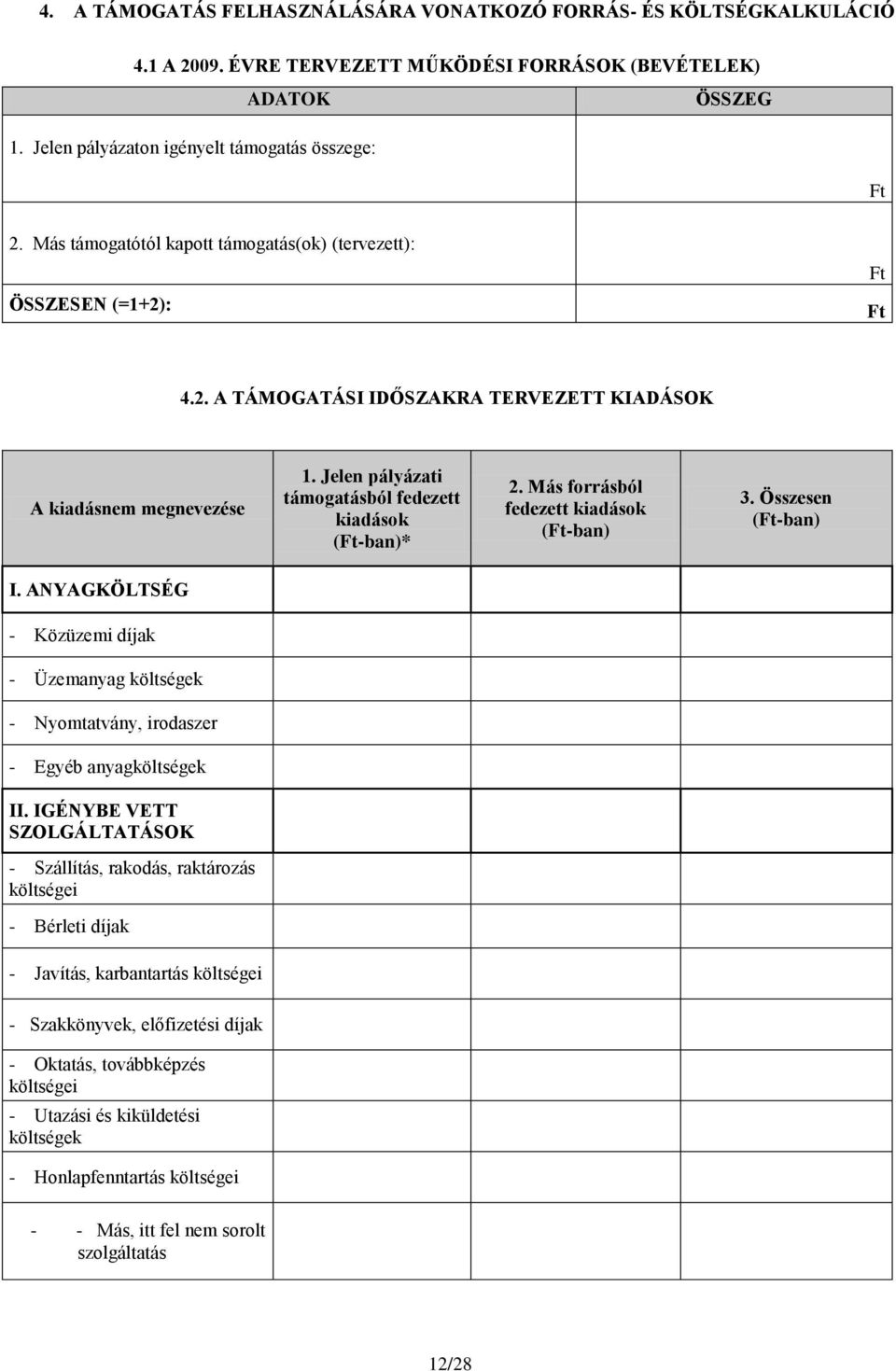 Jelen pályázati támogatásból fedezett kiadások (Ft-ban)* 2. Más forrásból fedezett kiadások (Ft-ban) 3. Összesen (Ft-ban) I.