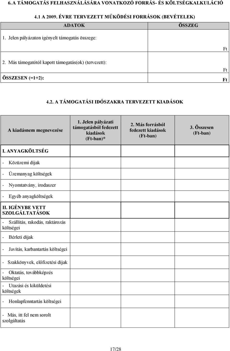 Jelen pályázati támogatásból fedezett kiadások (Ft-ban)* 2. Más forrásból fedezett kiadások (Ft-ban) 3. Összesen (Ft-ban) I.