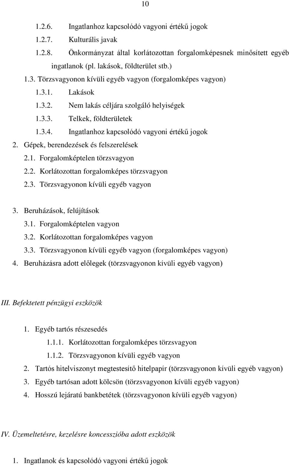 Gépek, berendezések és felszerelések 2.1. Forgalomképtelen törzsvagyon 2.2. Korlátozottan forgalomképes törzsvagyon 2.3. Törzsvagyonon kívüli egyéb vagyon 3. Beruházások, felújítások 3.1. Forgalomképtelen vagyon 3.