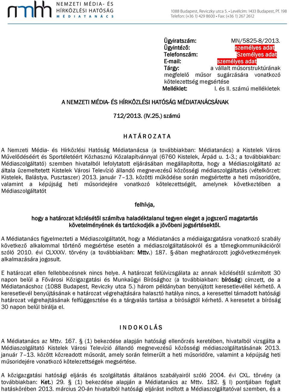 számú mellékletek A NEMZETI MÉDIA- ÉS HÍRKÖZLÉSI HATÓSÁG MÉDIATANÁCSÁNAK 712/2013. (IV.25.