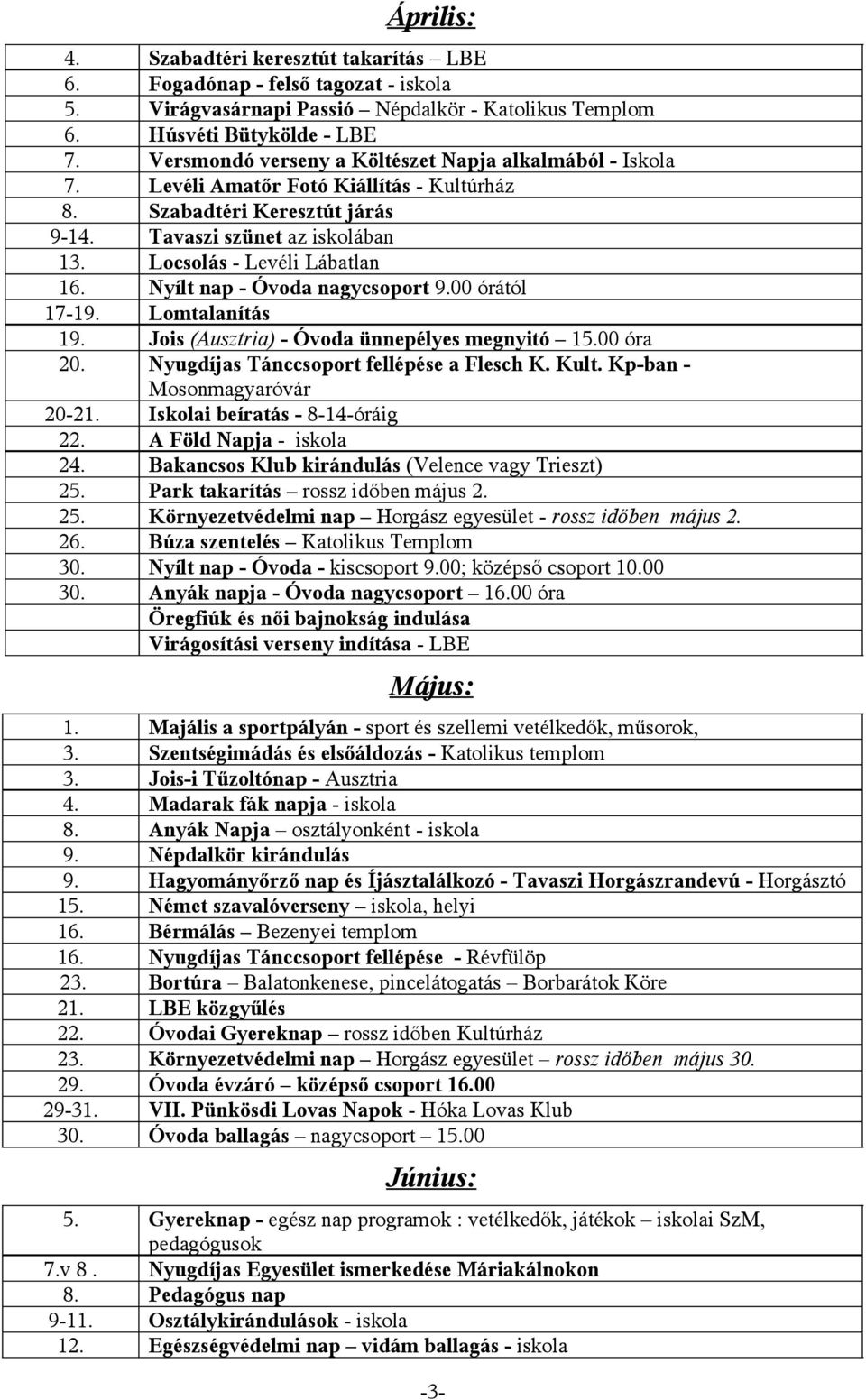 Nyílt nap - Óvoda nagycsoport 9.00 órától 17-19. Lomtalanítás 19. Jois (Ausztria) - Óvoda ünnepélyes megnyitó 15.00 óra 20. Nyugdíjas Tánccsoport fellépése a Flesch K. Kult.