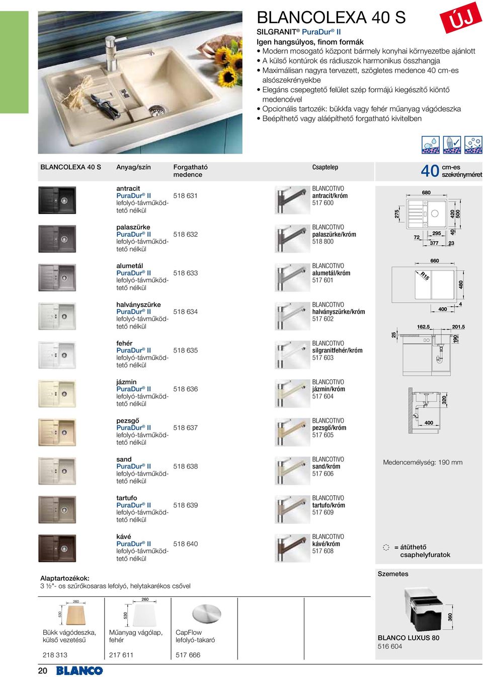 forgatható kivitelben BLANCOLEXA 40 S Forgatható medence Csaptelep antracit BLANCOTIVO PuraDur II 518 631 antracit/króm 517 600 40 szekrényméret palaszürke BLANCOTIVO PuraDur II 518 632