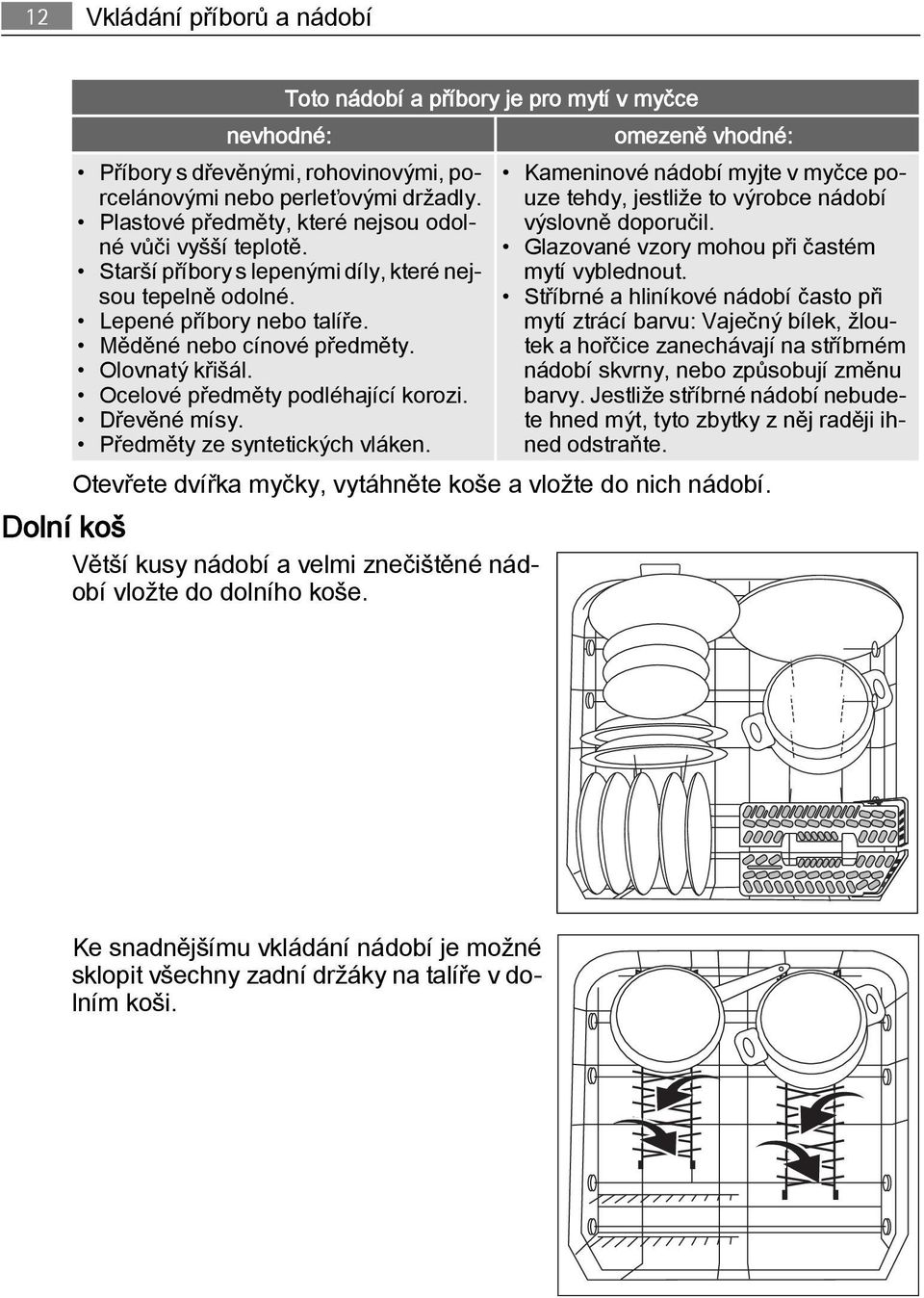 Předměty ze syntetických vláken. Toto nádobí a příbory je pro mytí v myčce omezeně vhodné: Kameninové nádobí myjte v myčce pouze tehdy, jestliže to výrobce nádobí výslovně doporučil.