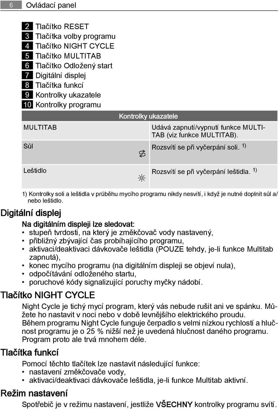 1) 1) Kontrolky soli a leštidla v průběhu mycího programu nikdy nesvítí, i když je nutné doplnit sůl a/ nebo leštidlo.