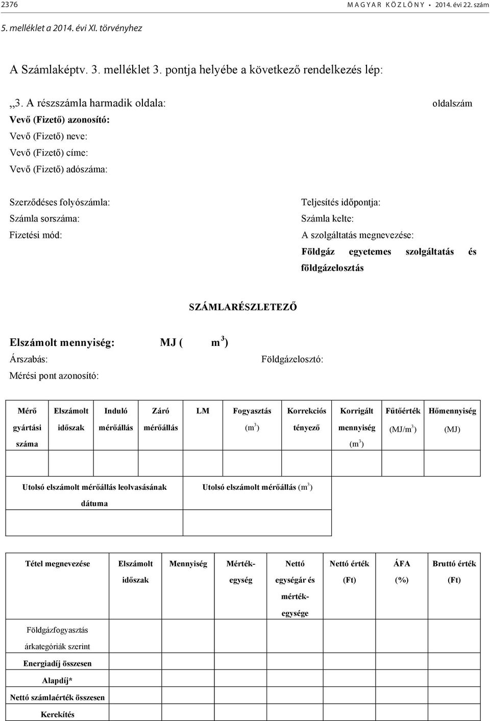 A részszámla harmadik oldala: oldalszám Vevő (Fizető) azonosító: Vevő (Fizető) neve: Vevő (Fizető) címe: Vevő (Fizető) adószáma: Szerződéses folyószámla: Számla sorszáma: Fizetési mód: Teljesítés