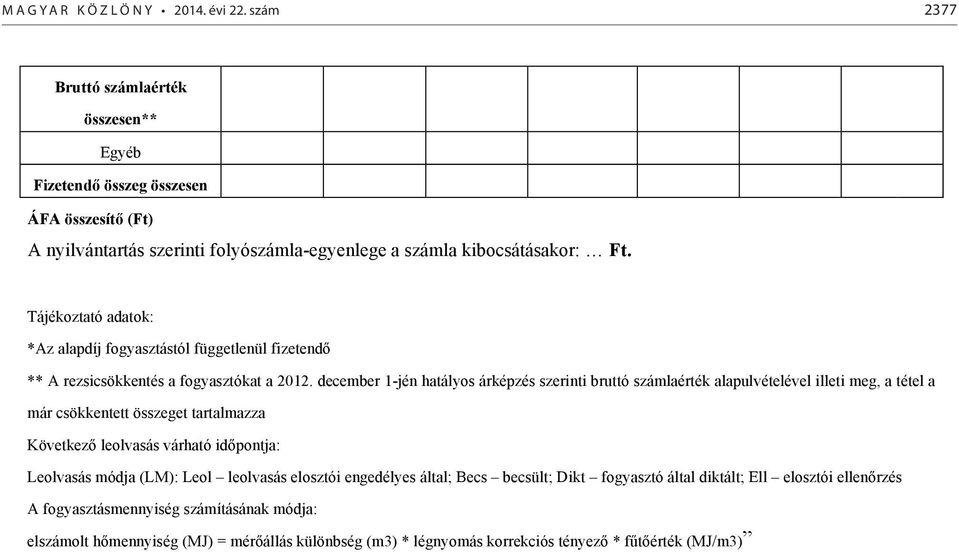 Tájékoztató adatok: *Az alapdíj fogyasztástól függetlenül fizetendő ** A rezsicsökkentés a fogyasztókat a 2012.