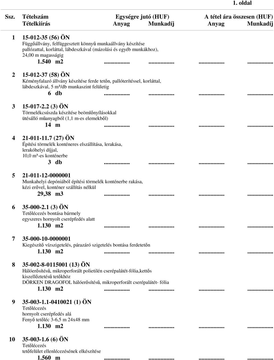 2 (3) ÖN Törmelékcsúszda készítése beömlőnyílásokkal ütésálló műanyagból (1,1 m-es elemekből) 14 m............ 4 21-011-11.