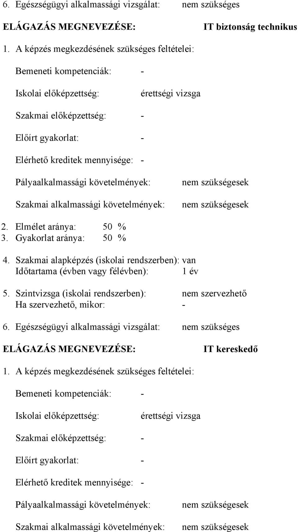 Pályaalkalmassági követelmények: Szakmai alkalmassági követelmények: 2. Elmélet aránya: 50 % 3. Gyakorlat aránya: 50 % 4.