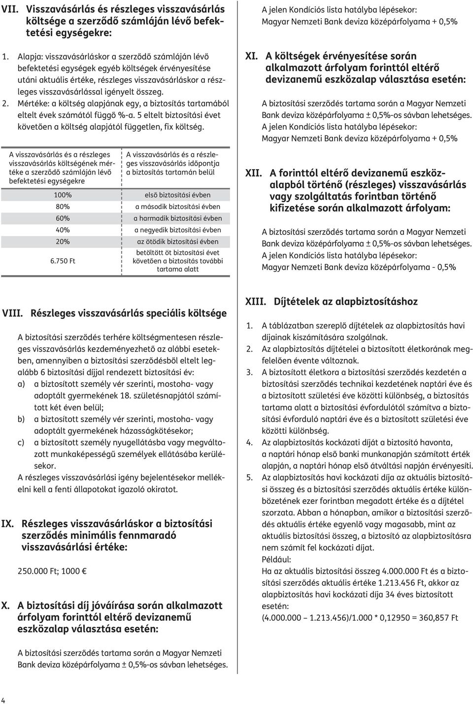 2. Mértéke: a költség alapjának egy, a biztosítás tartamából eltelt évek számától függő %-a. 5 eltelt biztosítási évet követően a költség alapjától független, fix költség.