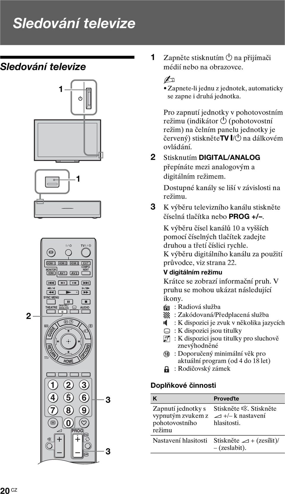 jednotky je červený) stisknětetv "/1 na dálkovém ovládání. 2 Stisknutím DIGITAL/ANALOG přepínáte mezi analogovým a digitálním režimem. Dostupné kanály se liší v závislosti na režimu.